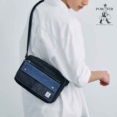 PORTER INTERNATIONAL - 牛仔拼接PATCH WORK雙層斜背包(S) - 藍
