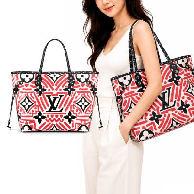 Louis Vuitton Neverfull MM 帆布印花塗鴉幾何托特包 (黑紅)