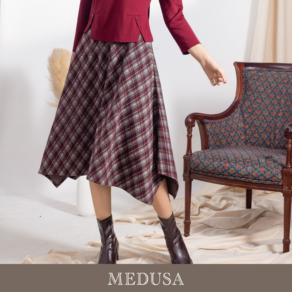 現貨【MEDUSA 曼度莎】復古英式學院風格紋不規則長裙（M-XL）｜長裙 格紋裙 氣質下身