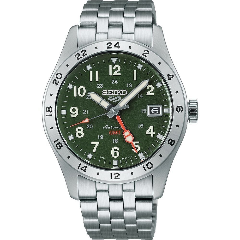 SEIKO 精工 5 SPORTS系列 時尚軍裝風格 GMT機械錶-卡其綠面-男錶(HDB001K1)39.4mm