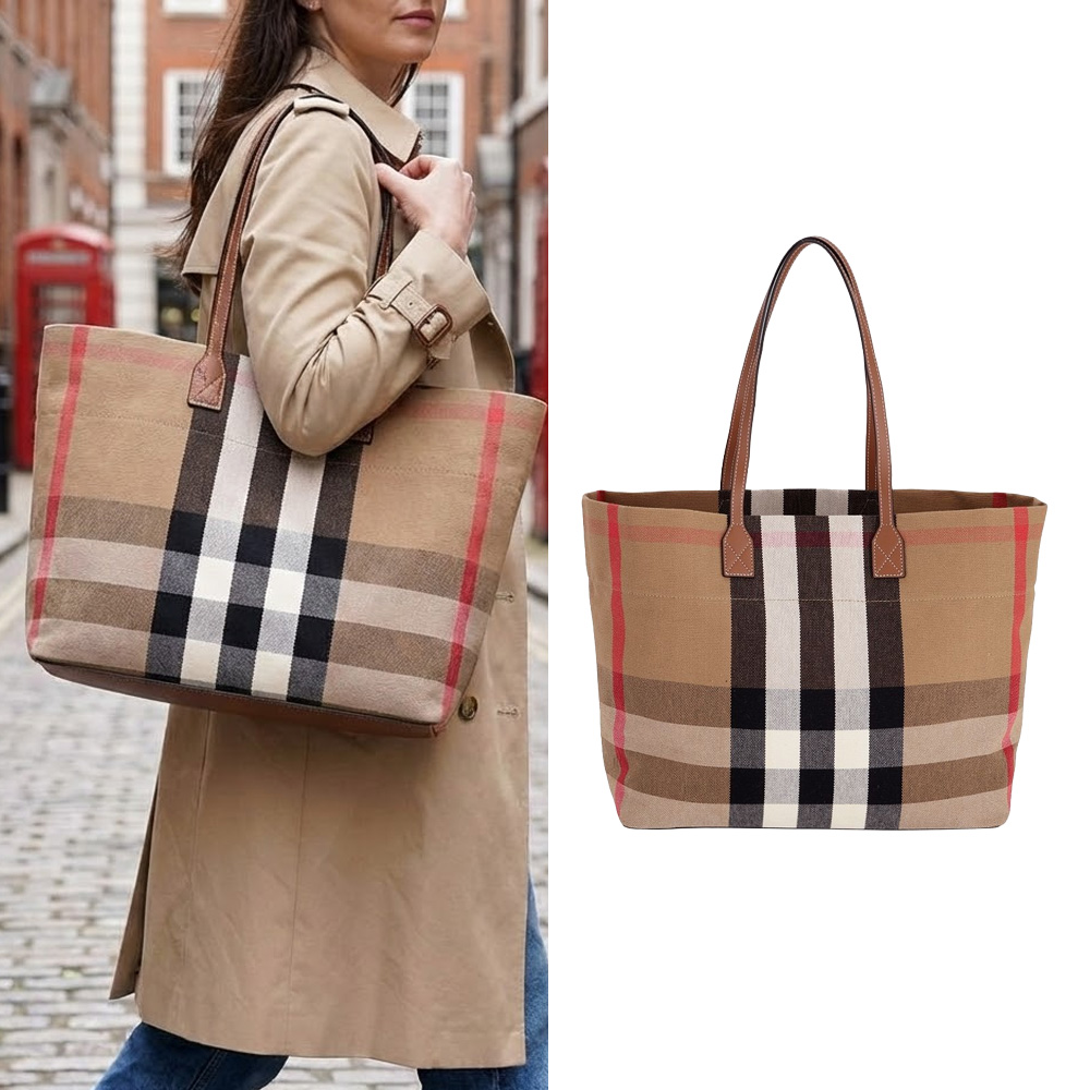 BURBERRY LONDON格紋帆布托特包(棕色)