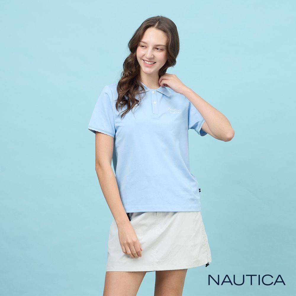 NAUTICA 官方旗艦 女裝 吸濕快乾百搭刺繡短袖POLO衫-淺藍色