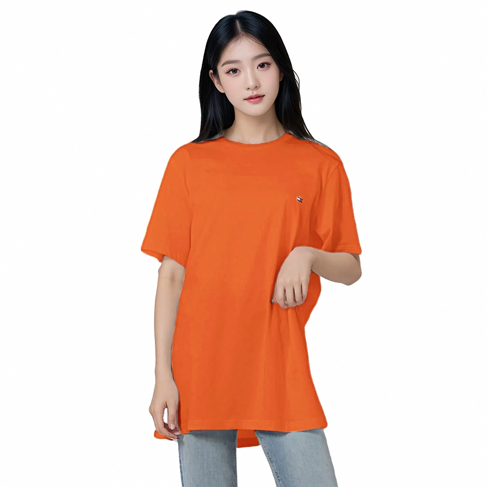 TOMMY 熱銷圓領Logo素面短袖T恤-橘色