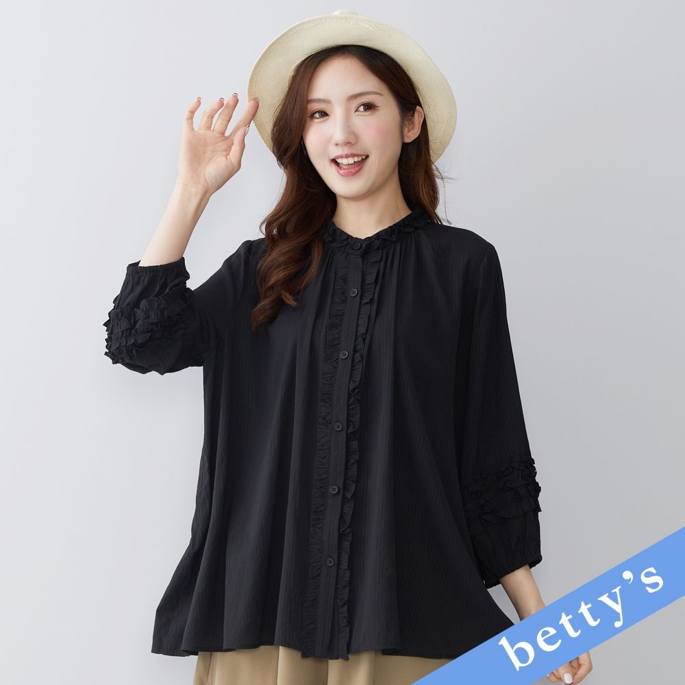betty’s貝蒂思　荷葉邊小立領長袖襯衫(黑色) (黑色)