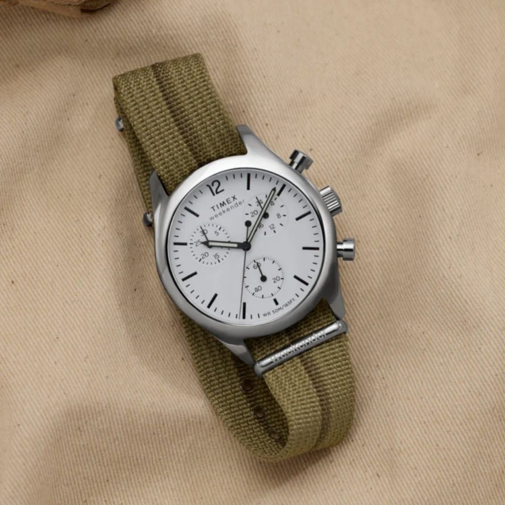 TIMEX 天美時 Weekender 40毫米 New England  織物錶帶計時碼錶(白x綠 TXTW2Y15700)