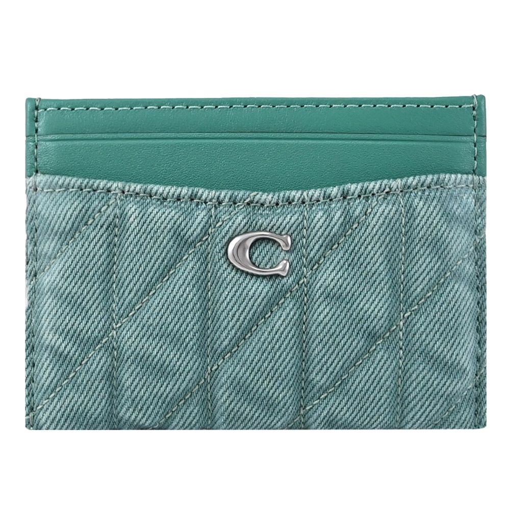 COACH 金屬C LOGO絎縫牛仔布簡易式卡夾(藍綠色)