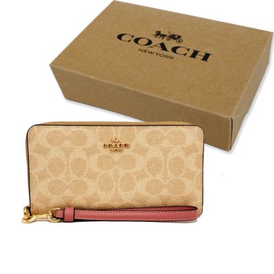 COACH 經典C LOGO手掛式零錢袋長夾原廠禮盒(米白/粉紫)