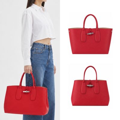 LONGCHAMP ROSEAU系列竹節卵石紋牛皮手提包(大/紅)