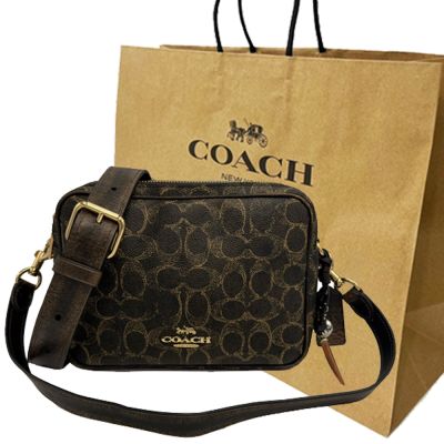 COACH 新款C LOGO女款雙層斜背相機包附紙袋(深咖/金)