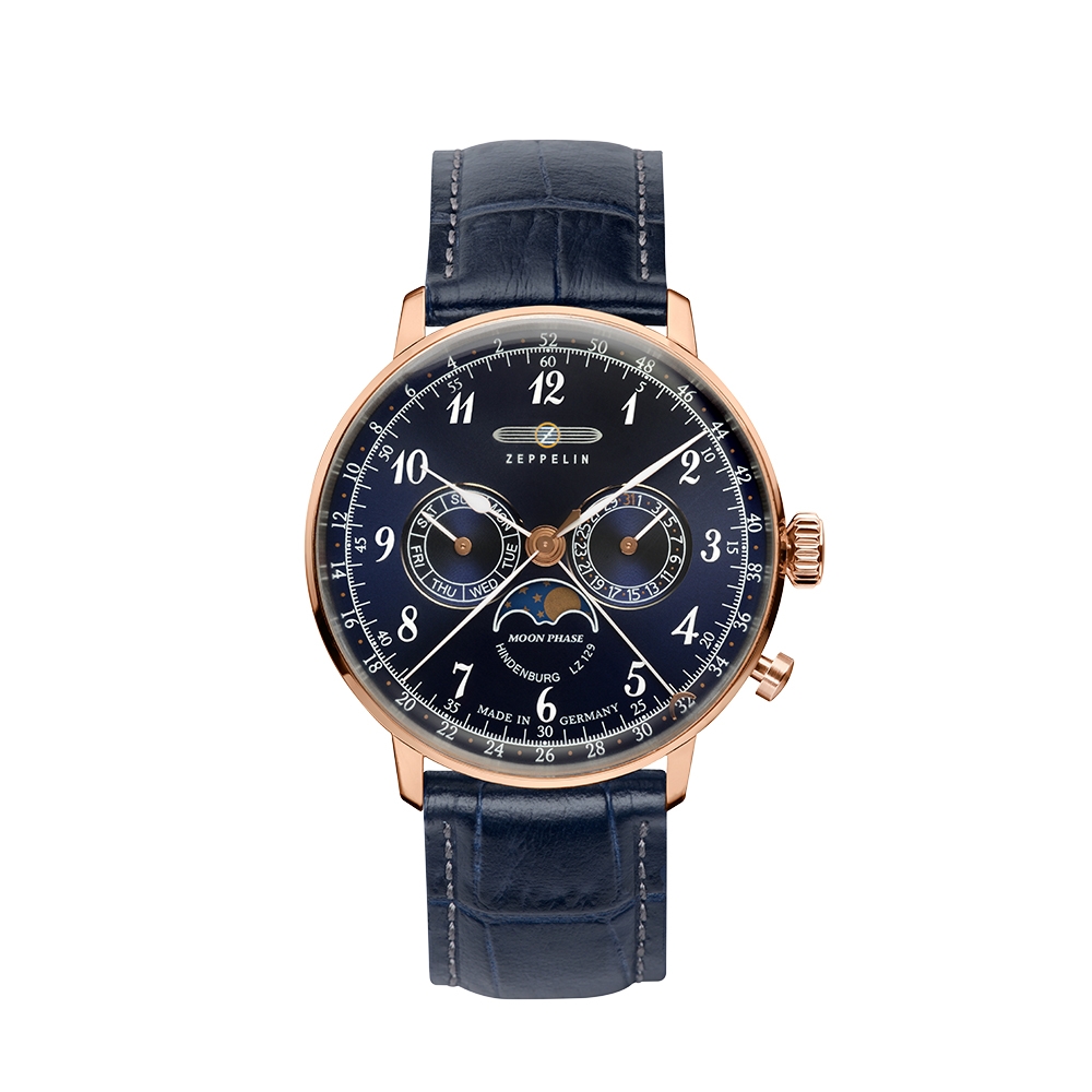 齊柏林飛船錶Zeppelin】興登堡月相三眼藍盤石英錶40mm 男/女錶70383