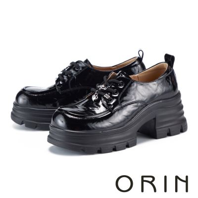 ORIN 鏡面造型金屬飾釦綁帶樂福鞋 黑色