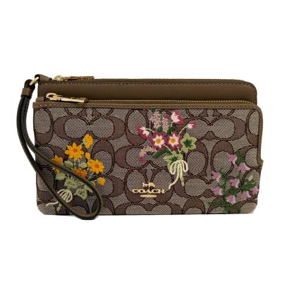 【COACH】C LOGO刺繡花卉長夾式雙層大手拿包/零錢包(花卉/焦糖)