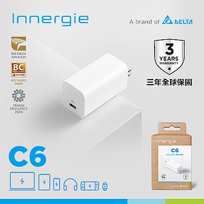 台達Innergie C6 GAN 60瓦USB-C 萬用充電器(摺疊版)-無塑包裝| 充電器
