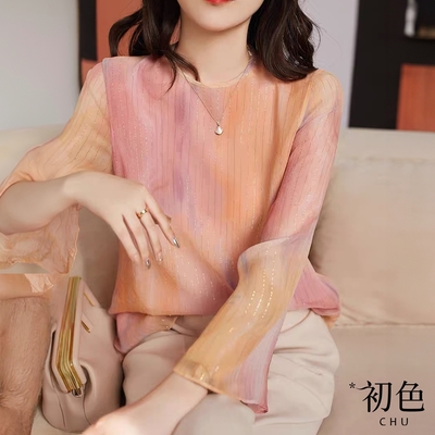 初色 圓領漸層亮絲寬鬆薄款長袖T恤上衣女上衣-粉色-33625(M-2XL可選)