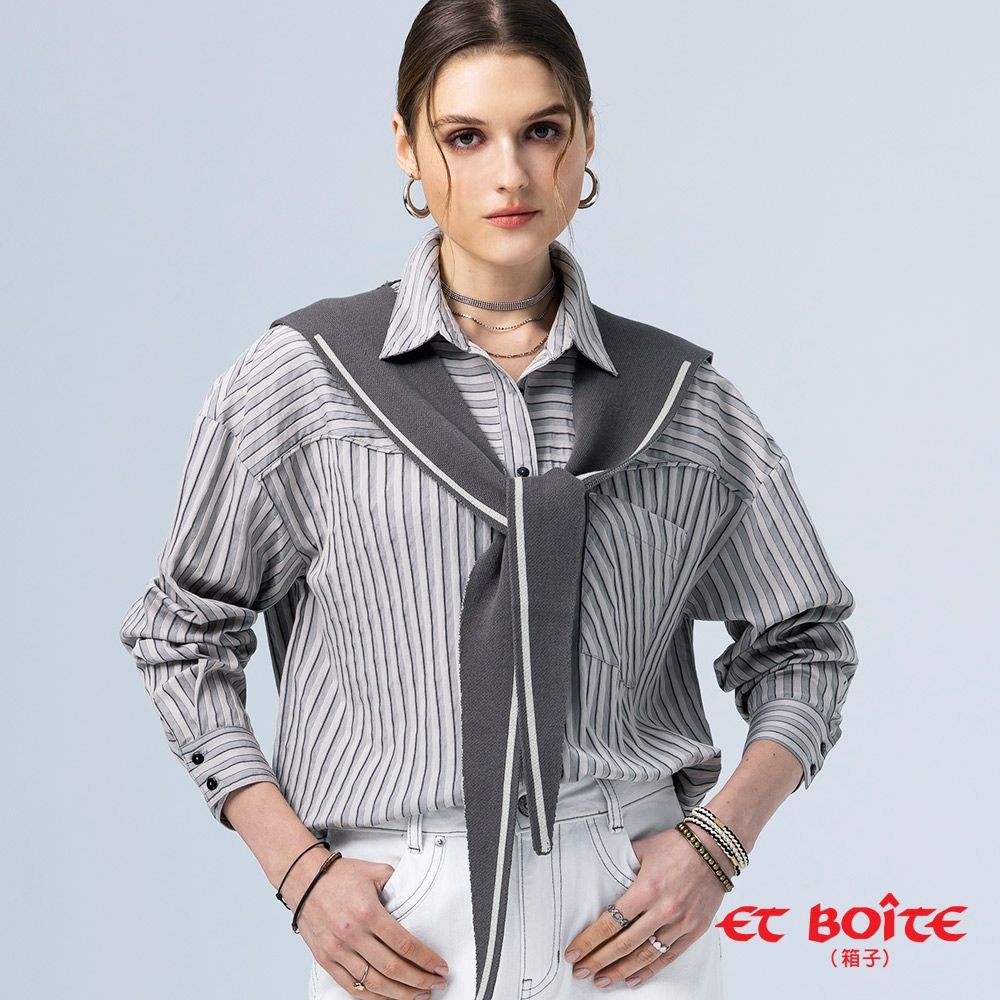 BLUE WAY ET BOiTE 箱子 – 直紋海軍風可拆式披肩襯衫(灰)