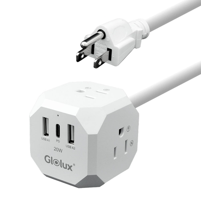 【Glolux】流星錘 3面插座3孔3P插頭+2USB+1Type-C(PD20W)延長線1.5M(5尺)