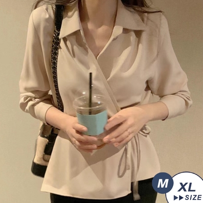 【LANNI 藍尼】現+預 韓系翻領繫帶收腰長袖襯衫(長袖/氣質/設計感)