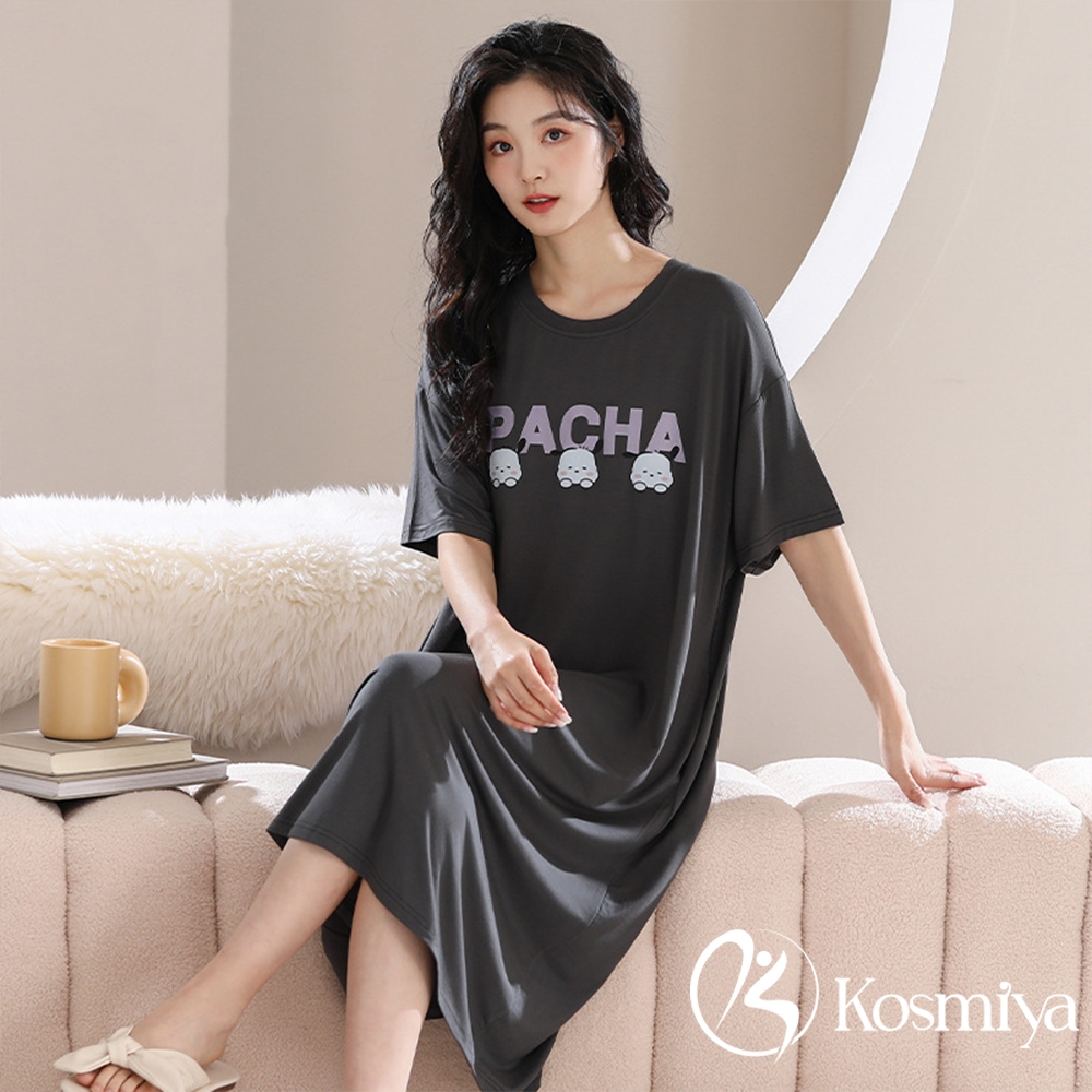 【Kosmiya】1件 莫代爾 帶胸墊 甜睡時光睡裙/女睡衣/胸墊睡衣/居家服/連身洋裝/洋裝(3色可選/均碼/加大碼) (甜睡時光-黑色小狗)