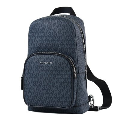 MICHAEL KORS COOPER 男款 緹花LOGO拉鍊單肩背胸包-藍色