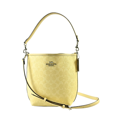 COACH City 鵝黃色C LOGO PVC奶油黃邊斜背水桶包