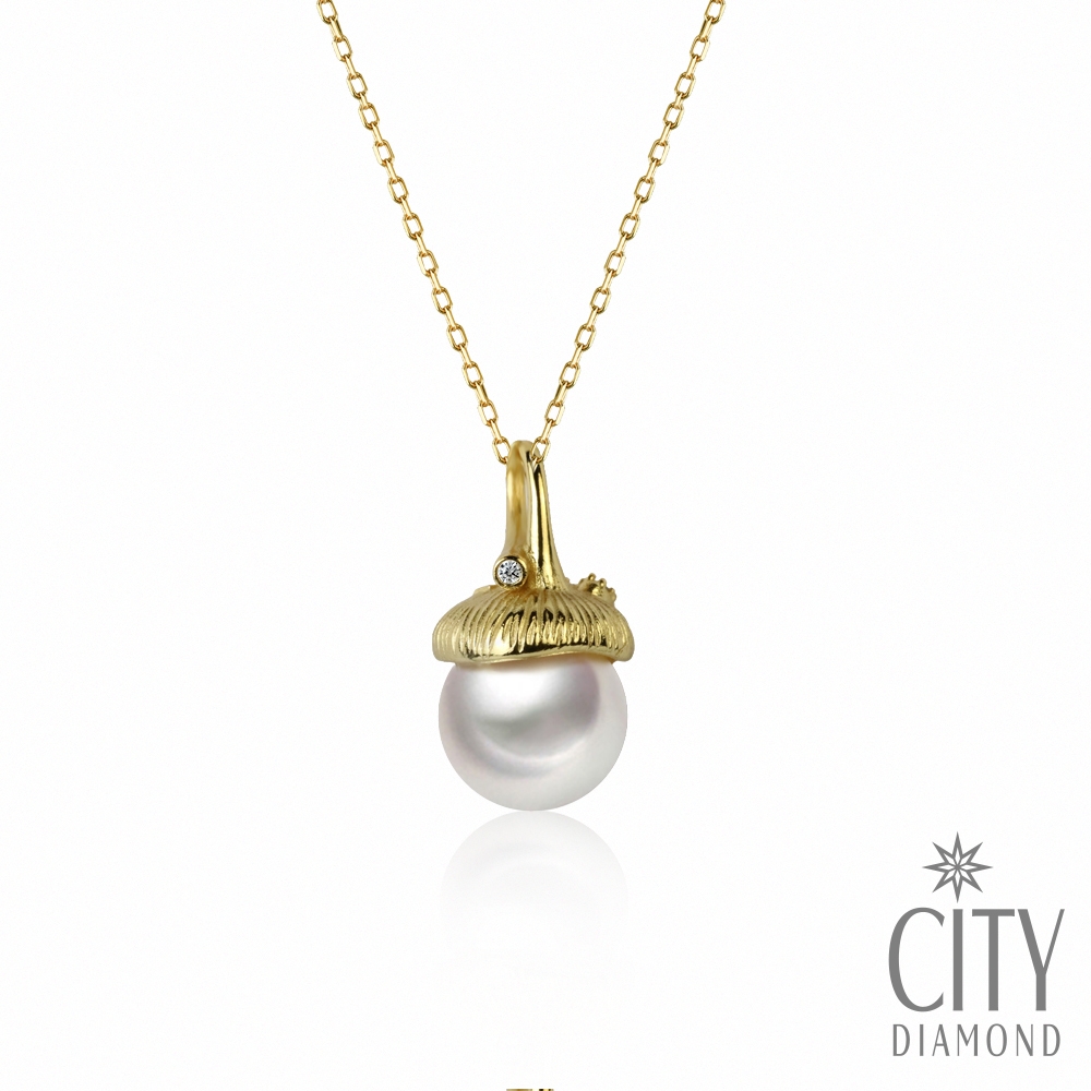 【City Diamond 引雅】日本AKOYA珍珠純銀橡果造型黃K金晶鑽伸縮項鍊(珠潤月詠系列)