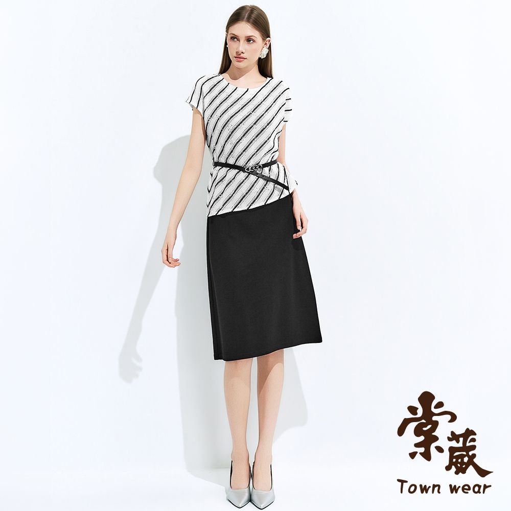【TOWNWEAR棠葳】高雅光韻斜紋兩件式洋裝-附腰帶(洋裝/裙子/長裙/條紋/鏤空/亮片/珠飾/輕盈/質感) (米色系)