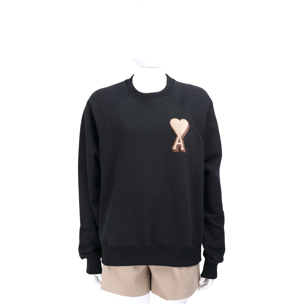 AMI PARIS Red Ami De Coeur 絨毛愛心A補丁 黑色長袖運動衫 大學T(男/女可穿)