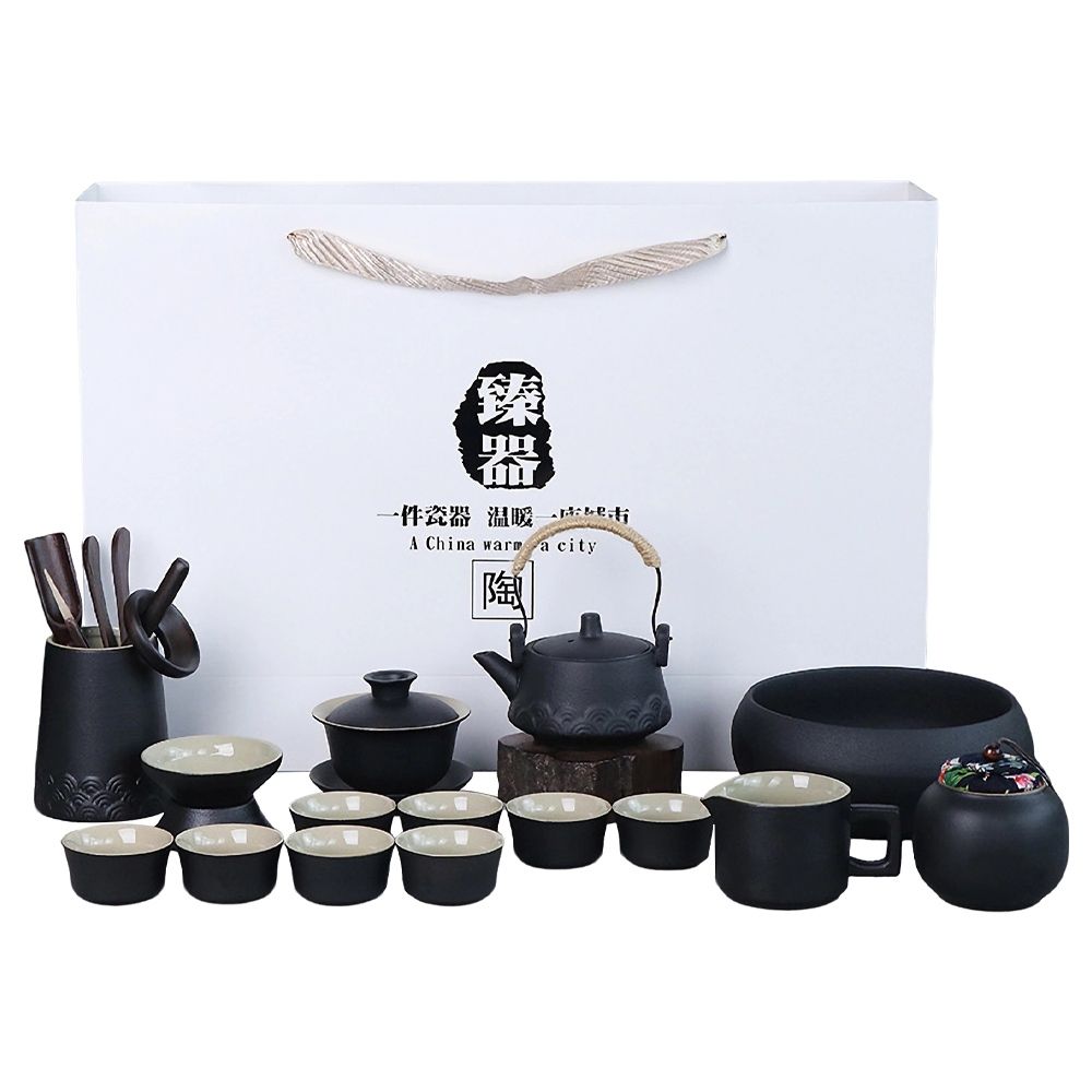茶具套裝臻器黑陶全套功夫茶具禮盒提梁壺蓋碗八杯完整茶道套組商務伴手