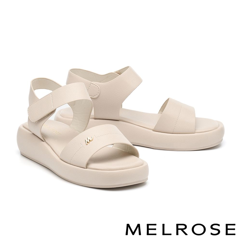 涼鞋 MELROSE 美樂斯 隨興舒適小M釦魔鬼氈寬帶厚底涼鞋－米白
