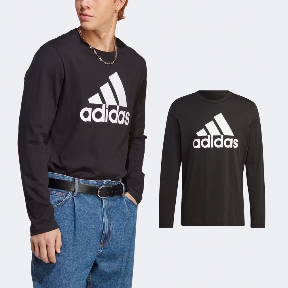 adidas 大學T Essentials 黑白長袖上衣衛衣寬鬆男款基本款愛迪達IC9308
