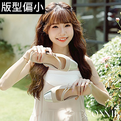 ANNSTAR Connie聯名-西西里度假小香風雙斜帶低跟穆勒鞋3cm-杏銀(版型偏小)
