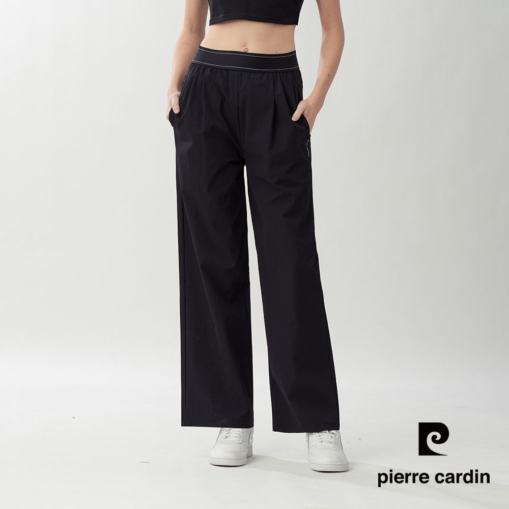 pierre cardin 皮爾卡登 網路獨家 女款 輕盈涼感彈力寬版休閒褲(三色任選) (黑色系)