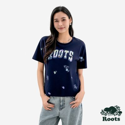 Roots 女裝- FLORAL ROOTS ARCH 短袖上衣-靛青色
