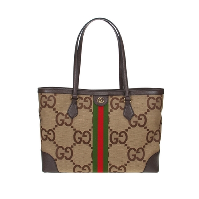 【GUCCI 古馳】631685 經典JUMBO系列GG帆布印花綠紅綠織帶皮革飾邊肩背托特包/購物包(棕色)