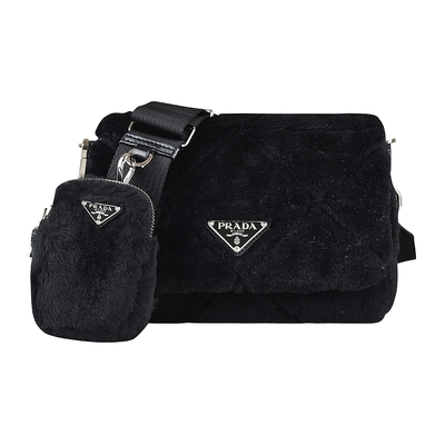PRADA 普拉達 三角牌LOGO衍縫設計羊毛皮草磁扣式斜背子母包(黑)