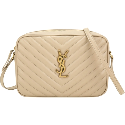 YSL Saint Laurent LOU 仿舊字母絎縫小牛皮肩/斜背相機包(金字/淺卡其)