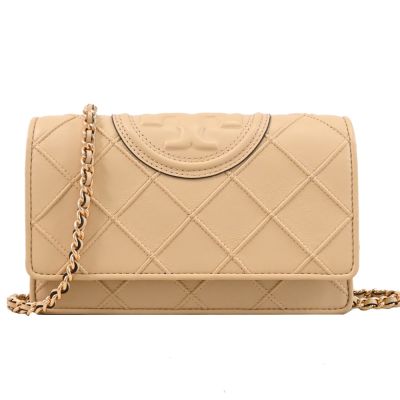 TORY BURCH Fleming 立體LOGO菱格皮革斜背鏈包/WOC(杏)