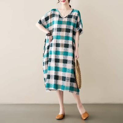 AKARA 涼感 棉麻 大碼 清質感棉麻格子洋裝 3XL可(涼感 棉麻 中大尺碼)