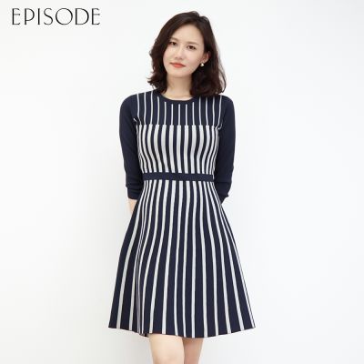 EPISODE - 精緻撞色條紋收腰針織洋裝E30578（藍）
