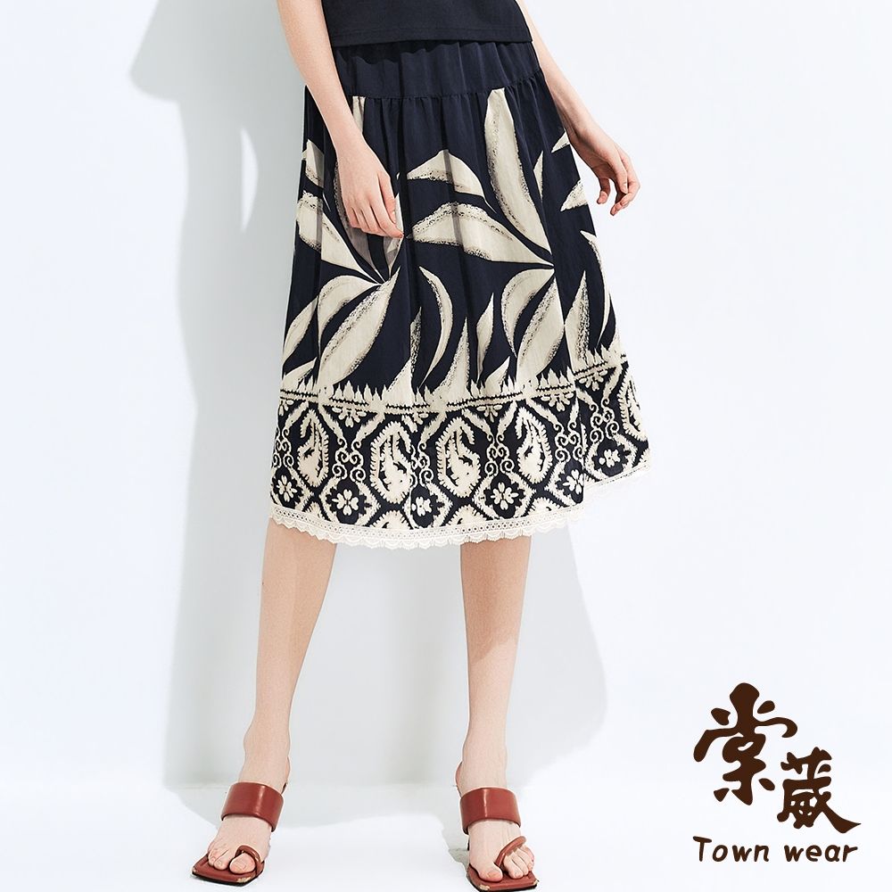 【TOWNWEAR棠葳】花卉圖騰蕾絲拼接中長裙(女下身/裙子/長裙/花卉印花/圖騰/蕾絲滾邊/鬆緊腰) (藍色系)