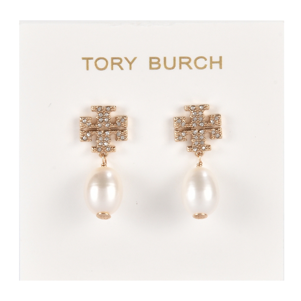 TORY BURCH KIRA 亮鑽T字珍珠垂墜款穿式耳環-金色