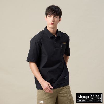 JEEP 男裝 雙層下擺剪接尼龍POLO衫-黑色