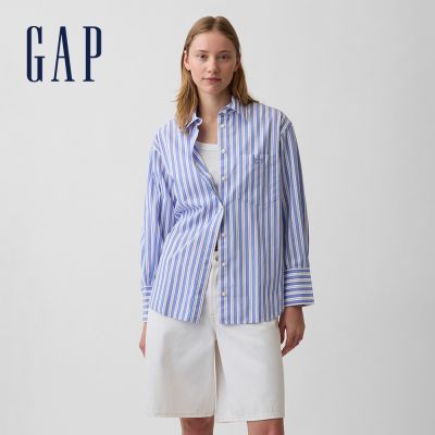 【GAP】有機棉寬版襯衫-藍白條紋(799379)