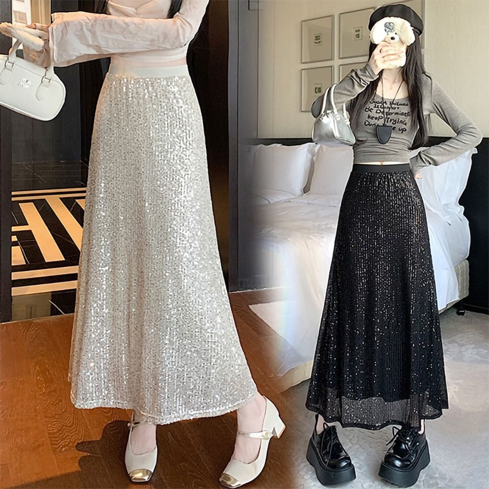 [韓國K.W.]現貨韓國空運法式亮片新款度假超長裙(小香風/韓國製/大擺裙) (杏色)