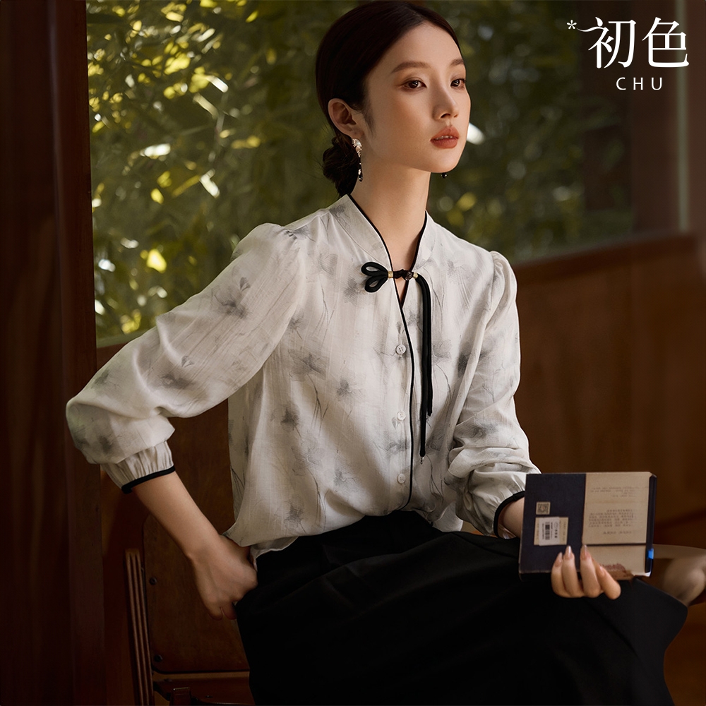 初色 新中式水墨印花盤扣拼色V領長袖燈籠袖七分袖襯衫上衣女上衣-白色-37910(M-2XL可選)