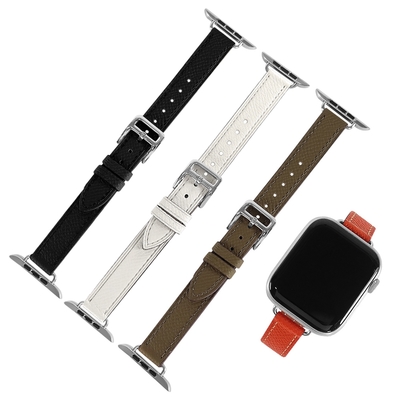 Apple Watch 全系列通用錶帶 蘋果手錶替用錶帶 荔枝皮紋 同寬真皮錶帶-灰綠色/橘色/黑色/白色