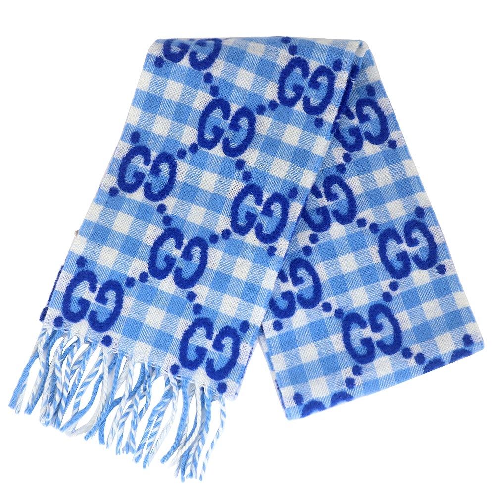GUCCI 藍色 G LOGO 窄版羊毛圍巾
