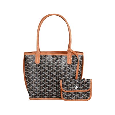 GOYARD ANJOU Y字幾何圖騰LOGO小牛皮手提肩背雙面子母包(迷你/黑x棕褐)
