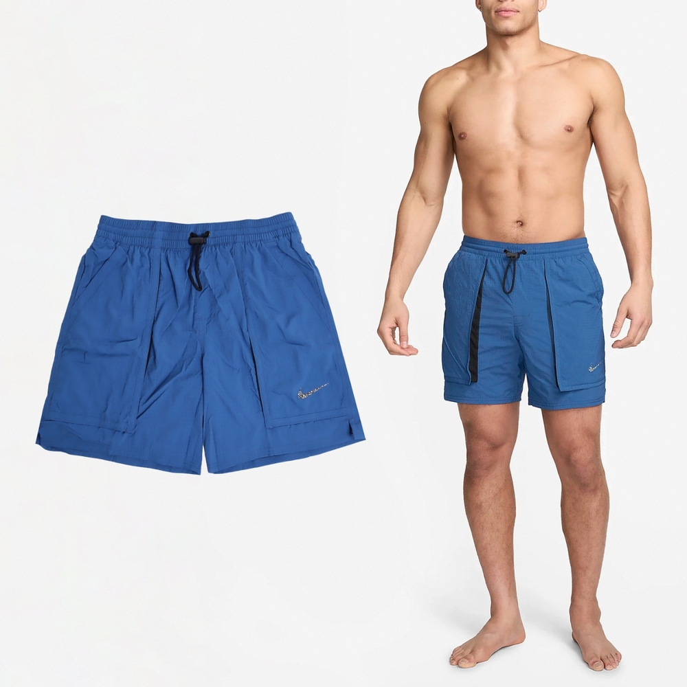 Nike 短褲Swim Volley Shorts 男款藍7吋速乾寬鬆抽繩海灘褲NESSE472