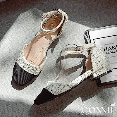 ANNSTAR Connie聯名-南法花庭小香風繫帶低跟奧塞鞋-黑白